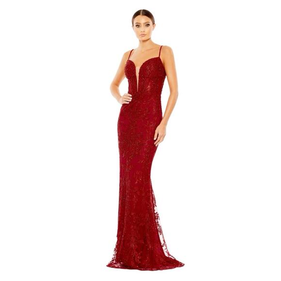 NWT MAC DUGGAL Red Embellished Plunge Neck Illusion Mermaid Gown Women’s - Picture 1 of 14